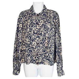 Vintage Joan & David Silk Button Up Shirt Size 16 Blouse Blue Floral Long Sleeve